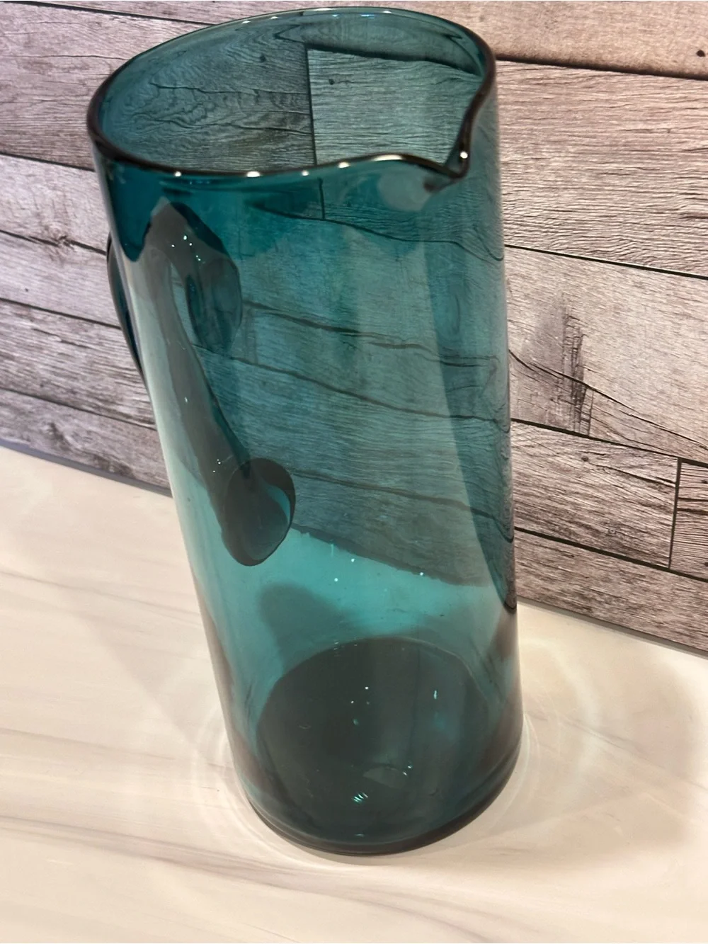 Vintage Hand Blown Teal Blue Glass Pitcher Mid Century Modern MCM Water Carafe